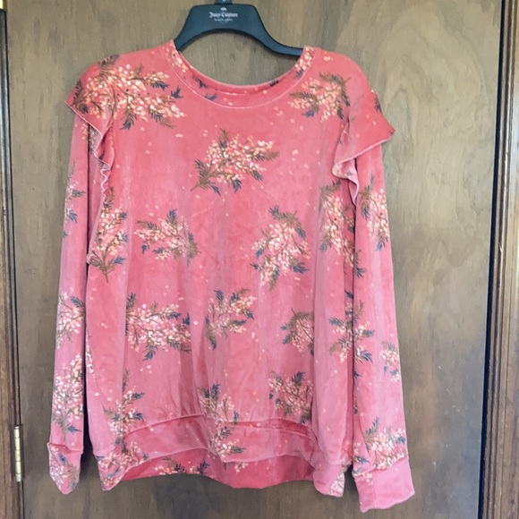 LC Lauren Conrad top floral print velvet w ruffle puff sleeve sweatshirt S M - Picture 4 of 15